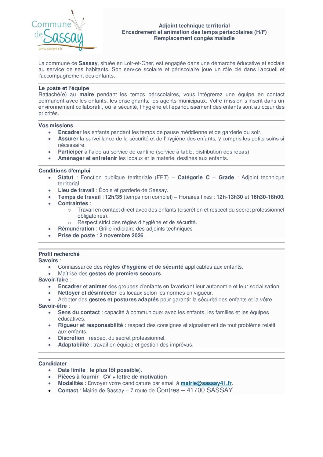 Remplacement congés maladie - Annonce Adjoint technique -Ecole